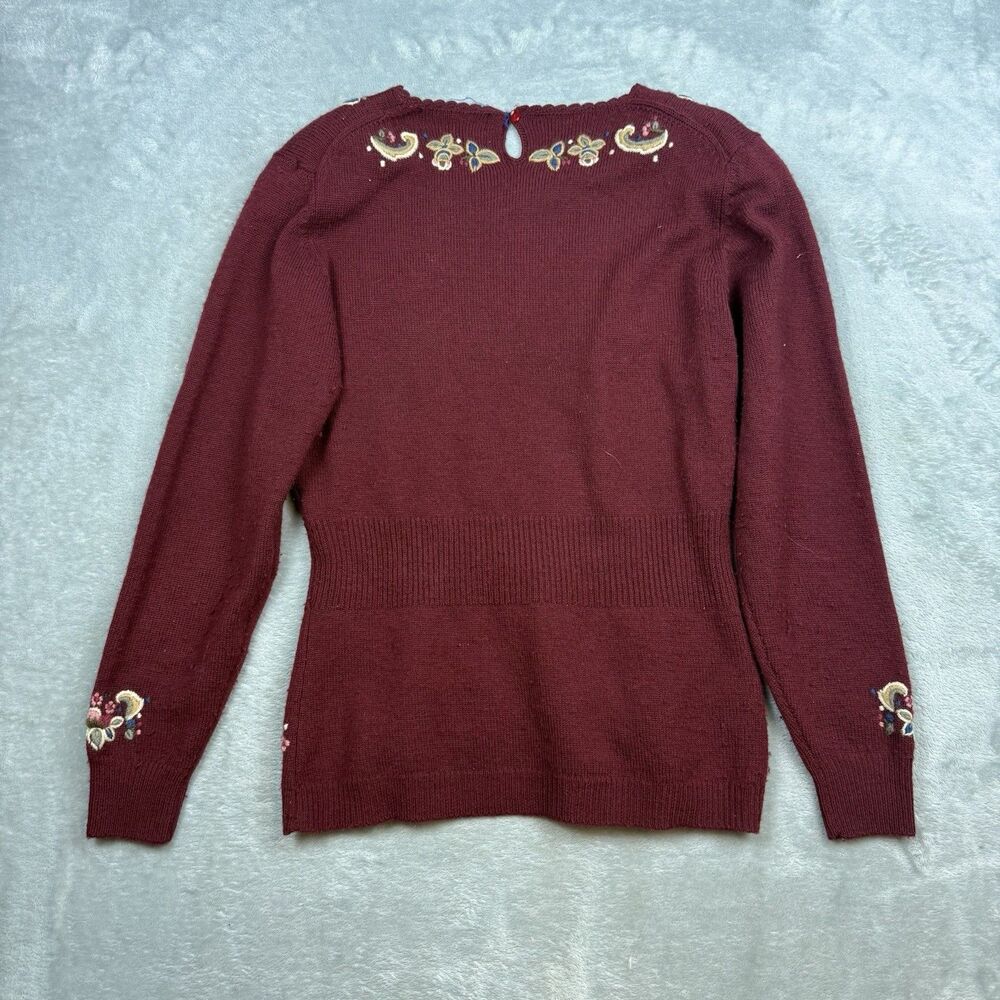 Herman Geist Womens Medium Lambswool Sweater Burgundy Hand Embroidered - Picture 6 of 8